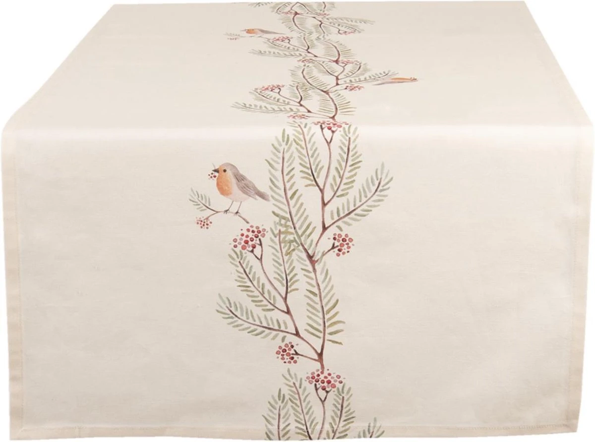 Clayre & Eef Tafelloper 50x140 Cm Beige Groen Katoen Rechthoek Vogel Tafelkleed Loper Tafeltextiel 6 Clayre & Eef Tafelloper 50x140 Cm Beige Groen Katoen Rechthoek Vogel Tafelkleed Loper Tafeltextiel - Afbeelding 4