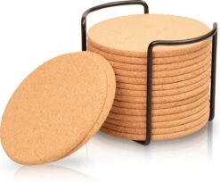 Kurken Onderzetters Voor Glazen Met Houder – Set Van 16 Kurken/Houten Onderzetters – Premium Kwaliteit – Anti-slip – Absorberend – Hittebestendig - Rond – Duurzaam/Milieuvriendelijk