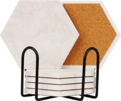 Castagnola Keramische Onderzetters Met Houder – Onderzetters Voor Glazen – Onderzetters Design – Onderzettersset – Drink Onderzetters – Keramisch – Kurk – Set Van 6 – Offwhite