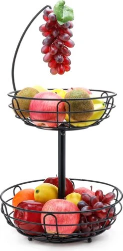 Sens Design Fruitmand Met Houder – Fruitschaal 2 Lagen – Zwart Metaal