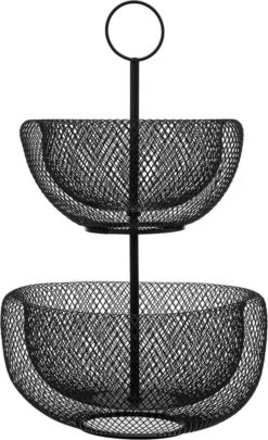 Dubbele Etagere Fruitschaal/fruitmand Rond Zwart Metaal 30 X 43 Cm - Fruitschalen/fruitmanden - Draadmand Van Metaal