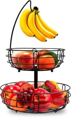 Fruitmand Met Bananenhanger - Fruitschaal - Fruitmand Hangend - Opbergmand - Fruitmand Met Banaanhouder - Fruitschalen - Fruitmanden - 2 Lagen - Valentijn