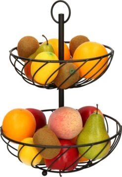 Dubbele Etagere Fruitschaal/fruitmand Rond Zwart Metaal 27 X 39 Cm
