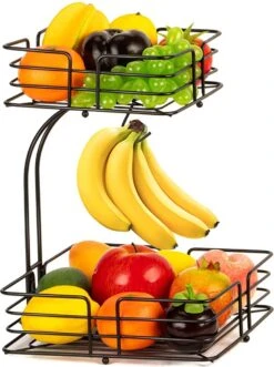 SensaHome - Fruitmand Met Bananenhouder - Vierkant 2-Laags Zwart - Fruitschaal - Etagere - Metaal - Industrial - Modern