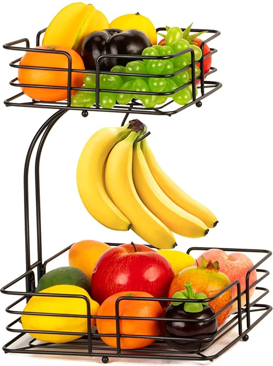 SensaHome - Fruitmand Met Bananenhouder - Vierkant 2-Laags Zwart - Fruitschaal - Etagere - Metaal - Industrial - Modern 3 SensaHome - Fruitmand Met Bananenhouder - Vierkant 2-Laags Zwart - Fruitschaal - Etagere - Metaal - Industrial - Modern