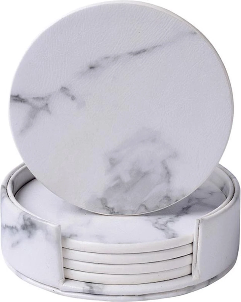 Onderzetters Voor Glazen Met Houder Swissl - Wit - Kunstleer - Marmeren Uitstraling 6 Stuks - Onderleggers 3 Onderzetters Voor Glazen Met Houder Swissl - Wit - Kunstleer - Marmeren Uitstraling 6 Stuks - Onderleggers